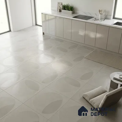 Minimalist kitchen with glossy beige laminate cabinets and geometric matte beige floor tiles