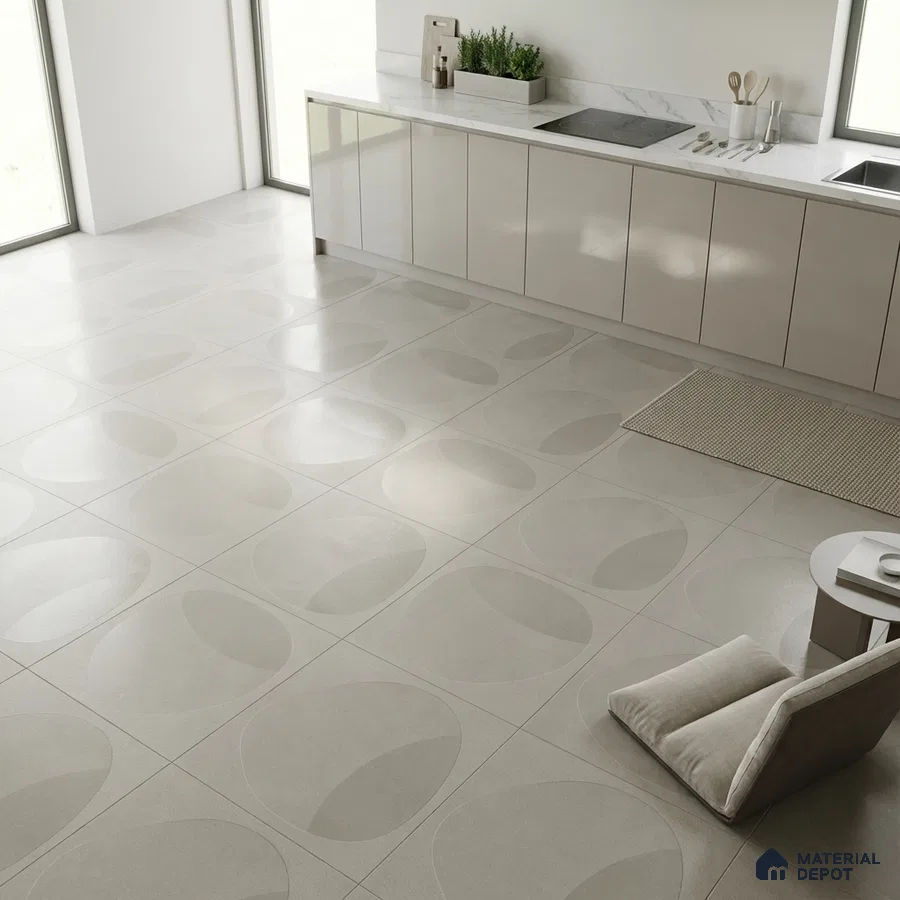 Minimalist kitchen with glossy beige laminate cabinets and geometric matte beige floor tiles