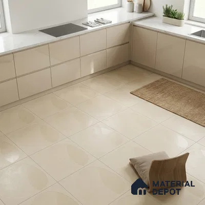 Minimalist kitchen with glossy beige laminate cabinets, white marble countertop, and geometric beige floor tiles