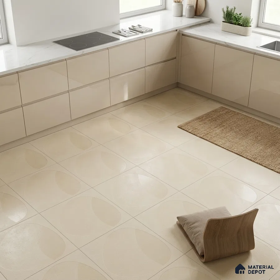Minimalist kitchen with glossy beige laminate cabinets, white marble countertop, and geometric beige floor tiles