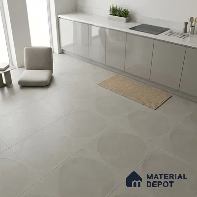 Minimalist kitchen with glossy beige laminate cabinets, white marble countertop, and large format geometric matte floor tiles