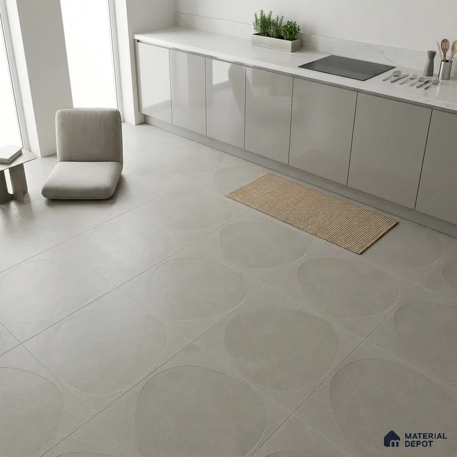 Minimalist kitchen with glossy beige laminate cabinets, white marble countertop, and large format geometric matte floor tiles