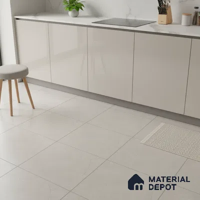 Minimalist kitchen with glossy beige laminate cabinets, white marble-look quartz countertop, and light grey matte floor tiles