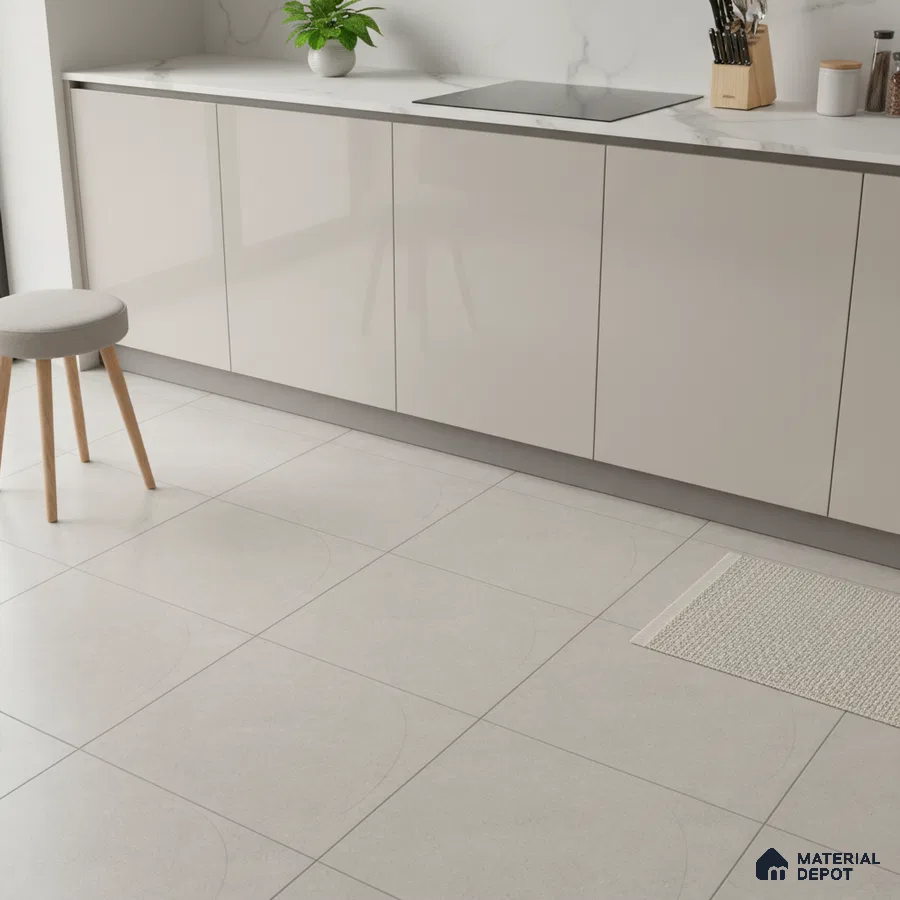 Minimalist kitchen with glossy beige laminate cabinets, white marble-look quartz countertop, and light grey matte floor tiles