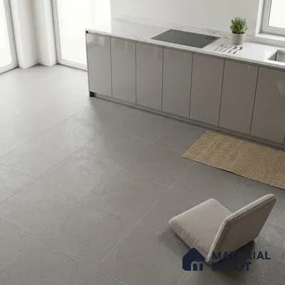 Minimalist kitchen with glossy taupe laminate cabinets, white marble-look countertop, and matte grey geometric floor tiles