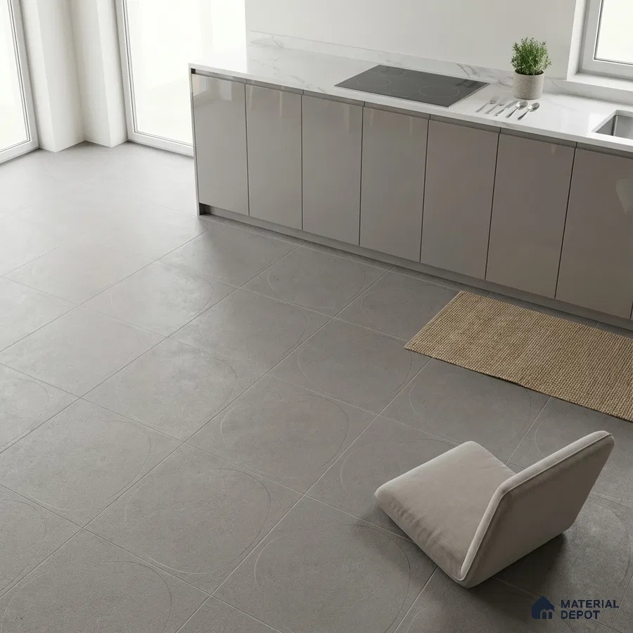 Minimalist kitchen with glossy taupe laminate cabinets, white marble-look countertop, and matte grey geometric floor tiles