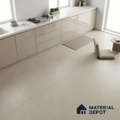 Minimalist kitchen with glossy beige laminate cabinets and white quartz countertop
