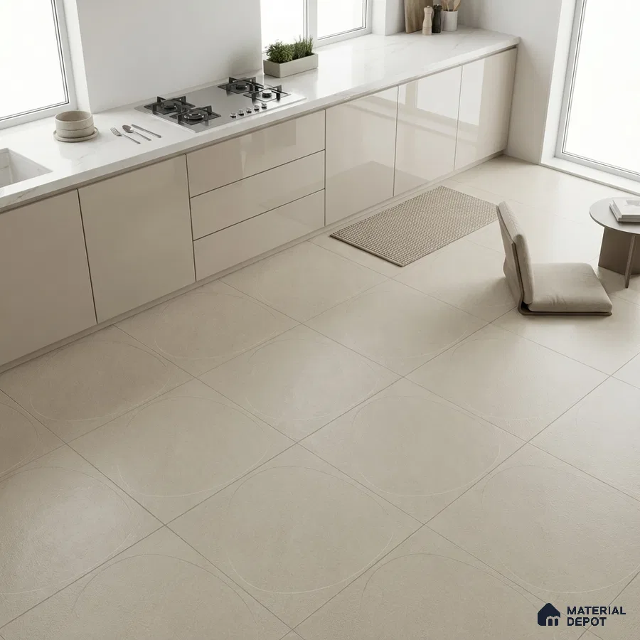 Minimalist kitchen with glossy beige laminate cabinets and white quartz countertop