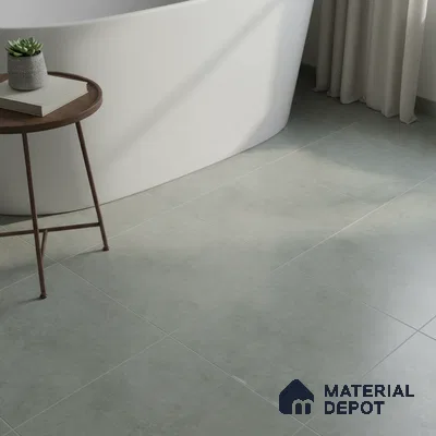 Minimalist bathroom with matte light grey floor tiles and freestanding tub