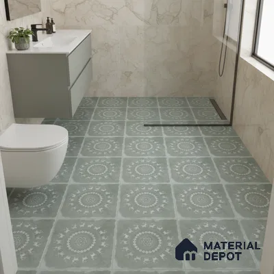 Modern bathroom with sage green patterned floor tiles and marble-look wall tiles