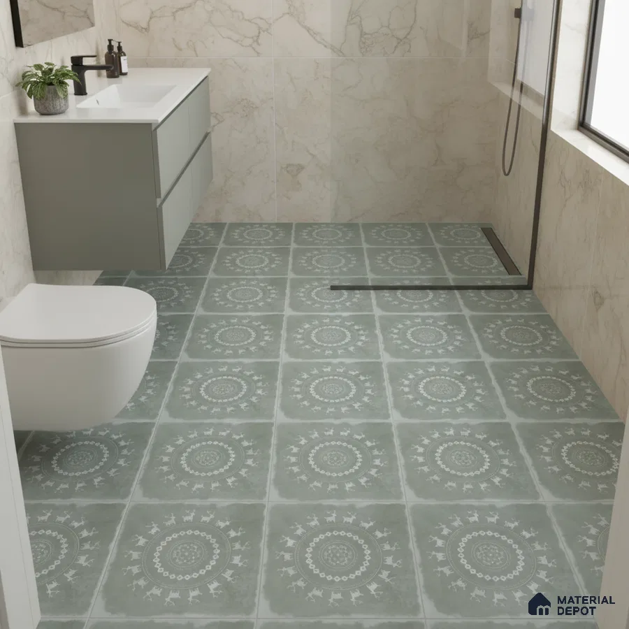 Modern bathroom with sage green patterned floor tiles and marble-look wall tiles