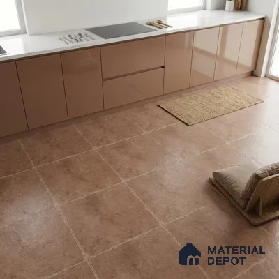 Modern kitchen with glossy beige laminate cabinets, white marble countertop, and terracotta floor tiles