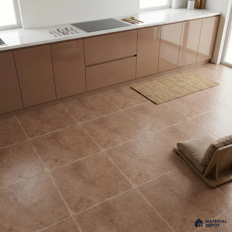Modern kitchen with glossy beige laminate cabinets, white marble countertop, and terracotta floor tiles