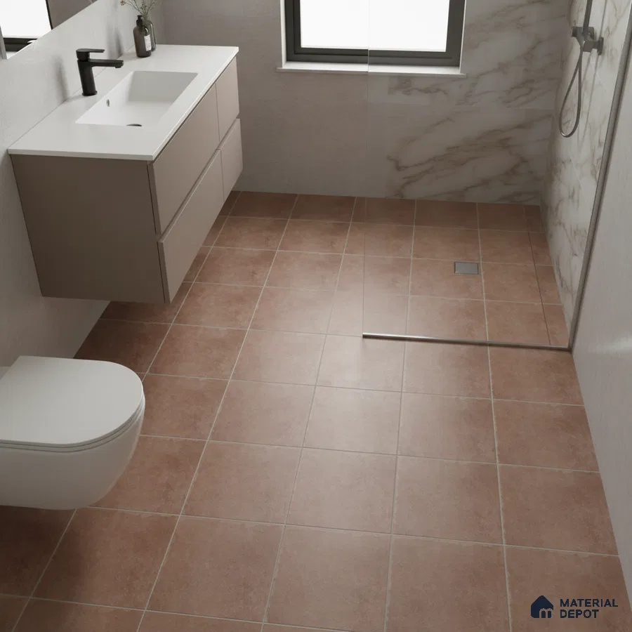 Modern bathroom with terracotta floor tiles, marble wall tiles, and floating vanity