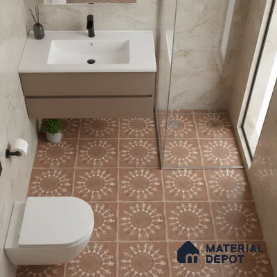 Modern bathroom with beige marble wall tiles and terracotta patterned floor tiles