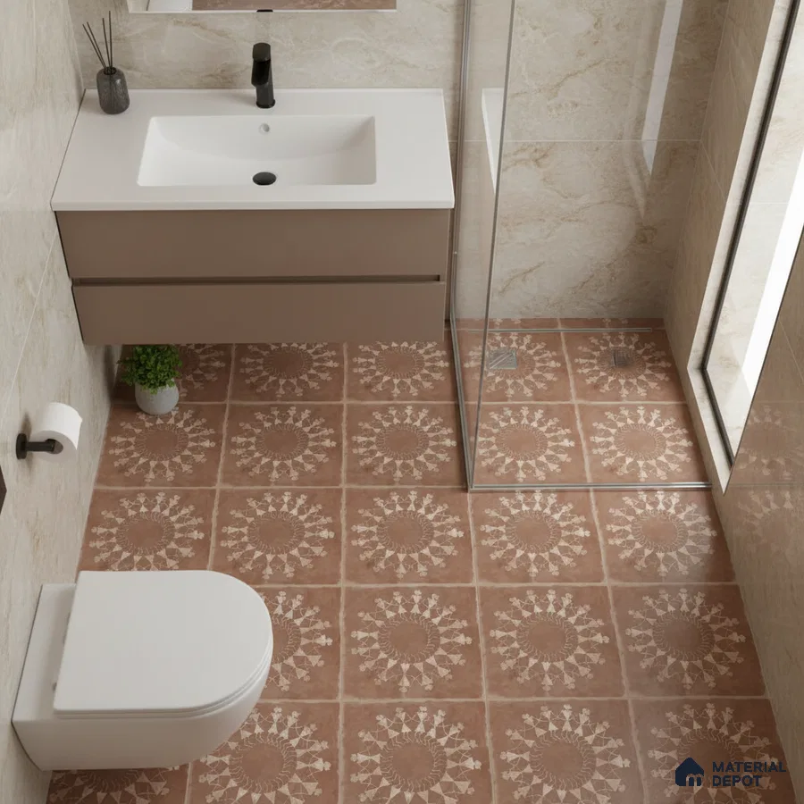 Modern bathroom with beige marble wall tiles and terracotta patterned floor tiles
