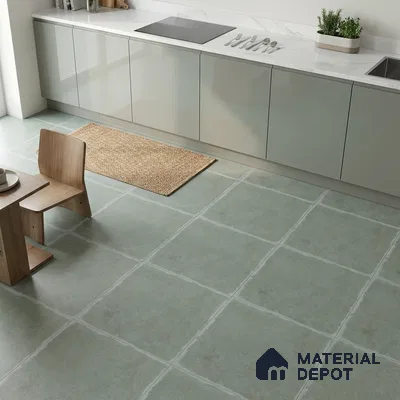 Minimalist kitchen with glossy pale grey laminate cabinets, white marble-look countertop, and sage green matte floor tiles