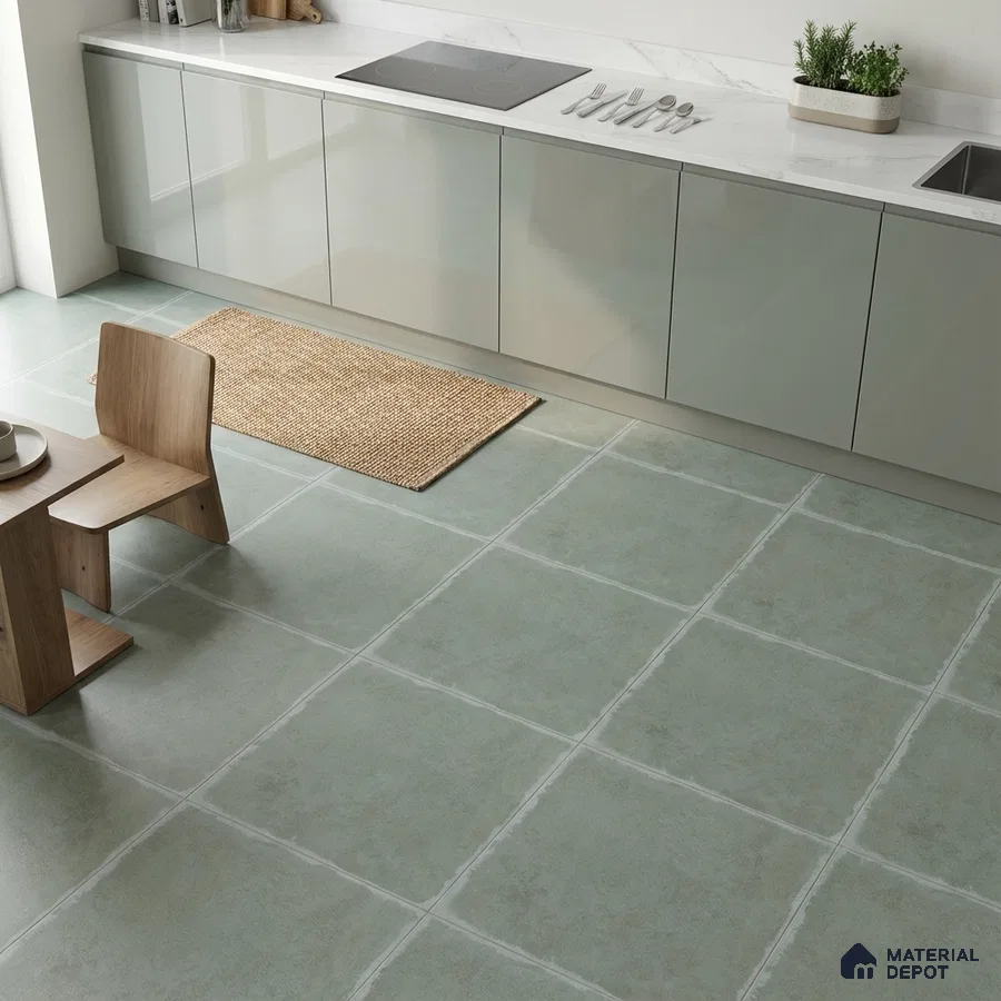 Minimalist kitchen with glossy pale grey laminate cabinets, white marble-look countertop, and sage green matte floor tiles