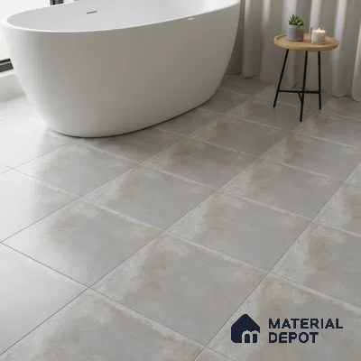 Minimalist bathroom with matte grey stone-look floor tiles and freestanding tub