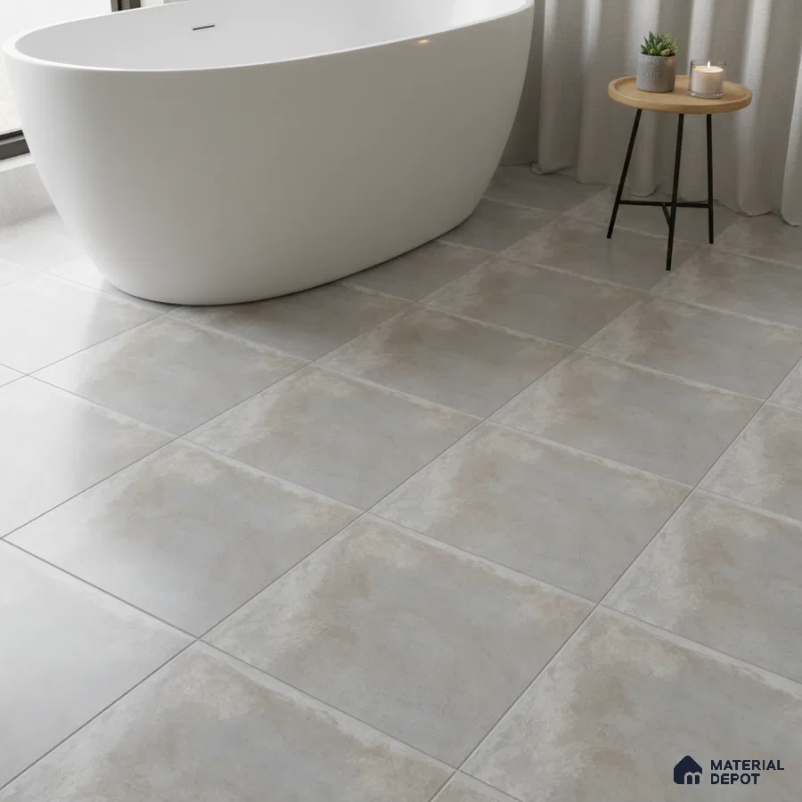 Minimalist bathroom with matte grey stone-look floor tiles and freestanding tub