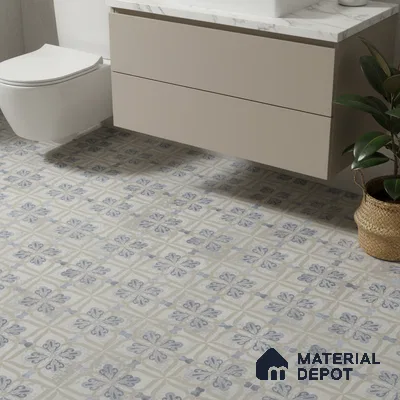 Modern bathroom with beige floating vanity, white marble countertop, and blue floral patterned floor tiles