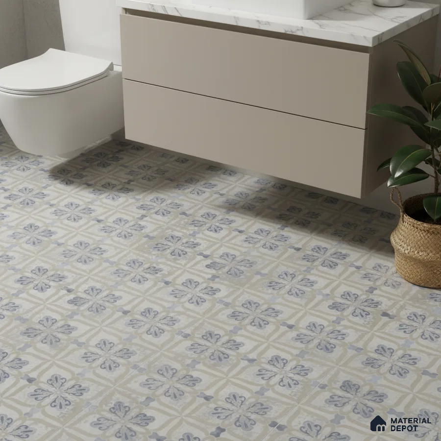 Modern bathroom with beige floating vanity, white marble countertop, and blue floral patterned floor tiles