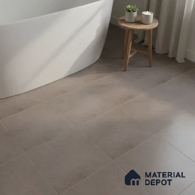 Minimalist bathroom with taupe matte stone floor tiles and freestanding tub