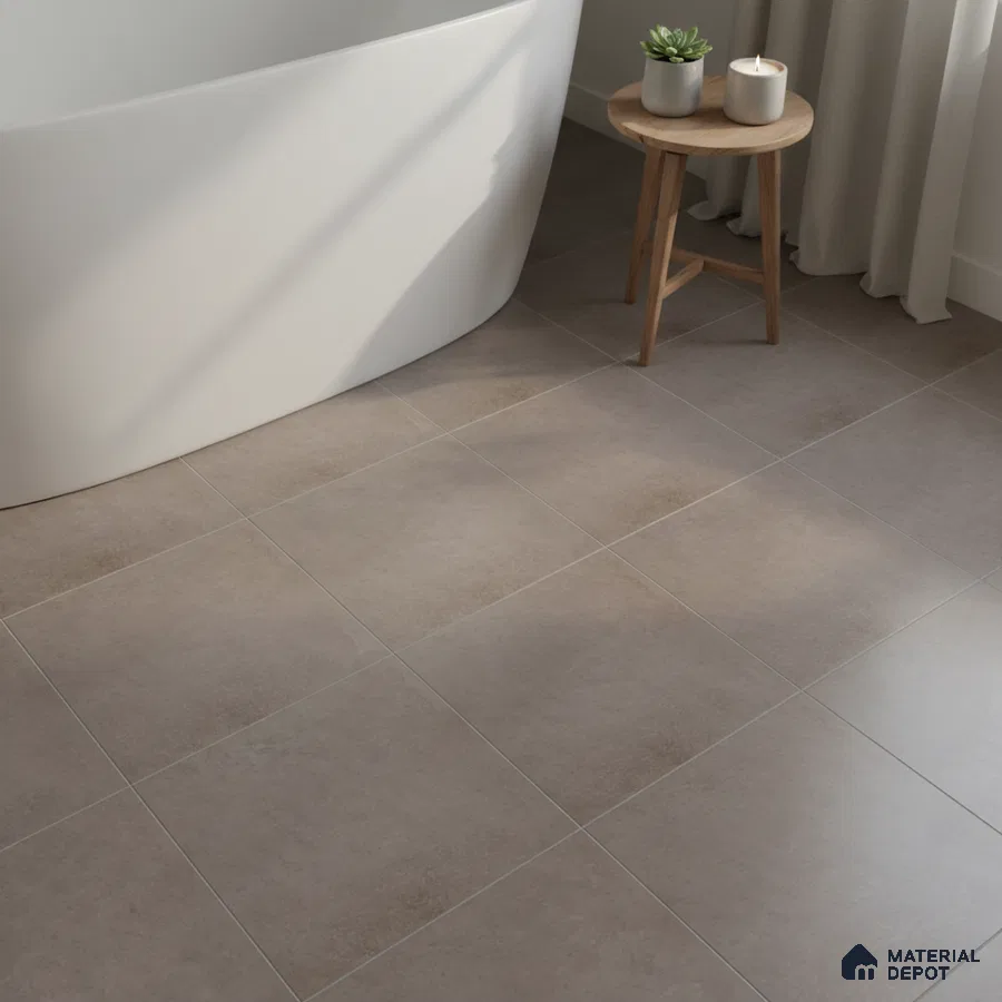 Minimalist bathroom with taupe matte stone floor tiles and freestanding tub