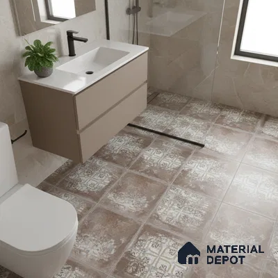 Modern bathroom with beige floating vanity, patterned rustic floor tiles, and stone wall tiles