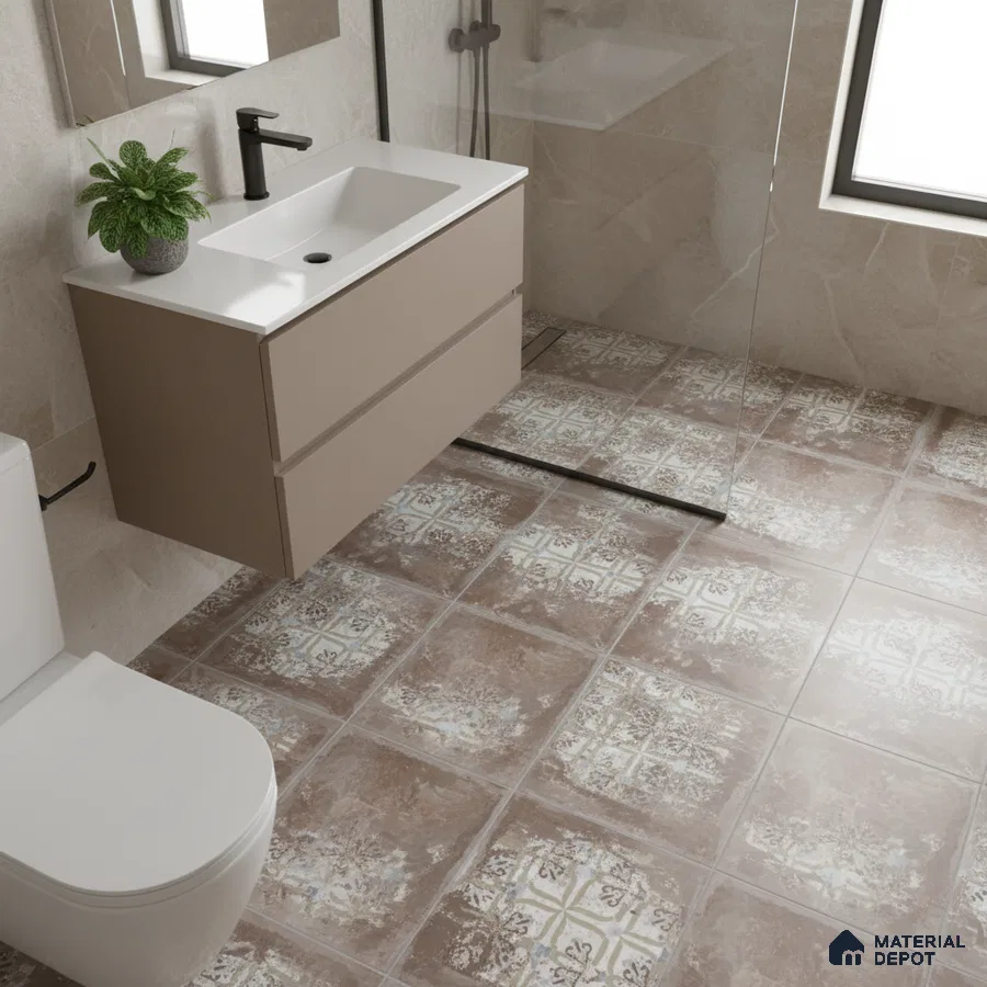 Modern bathroom with beige floating vanity, patterned rustic floor tiles, and stone wall tiles