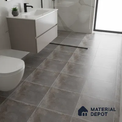 Modern bathroom with grey stone-look floor tiles and floating vanity
