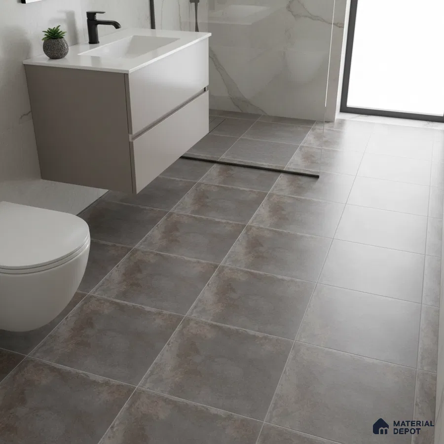 Modern bathroom with grey stone-look floor tiles and floating vanity
