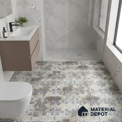 Modern bathroom with marble wall tiles and blue-brown patterned floor tiles