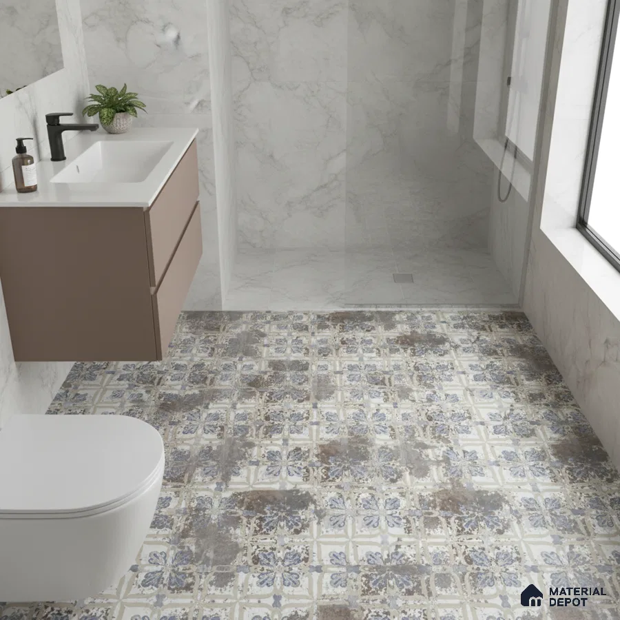 Modern bathroom with marble wall tiles and blue-brown patterned floor tiles