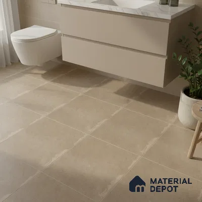 Minimalist bathroom with beige matte floor tiles and marble-look countertop vanity