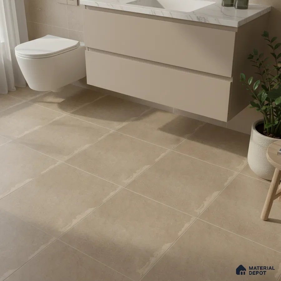 Minimalist bathroom with beige matte floor tiles and marble-look countertop vanity