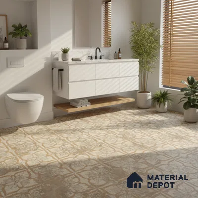 Scandinavian bathroom with white floating vanity, marble countertop, and beige patterned floor tiles