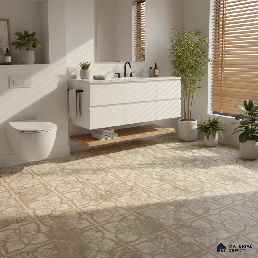 Scandinavian bathroom with white floating vanity, marble countertop, and beige patterned floor tiles