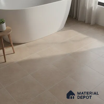 Minimalist bathroom with beige matte floor tiles and freestanding tub