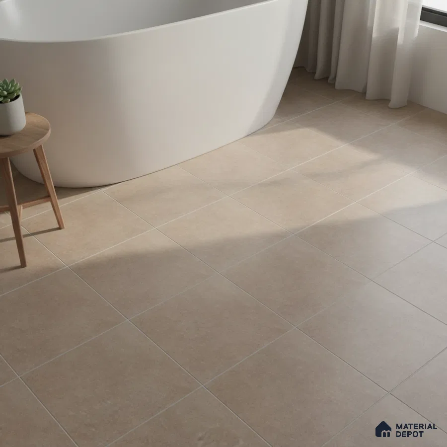 Minimalist bathroom with beige matte floor tiles and freestanding tub