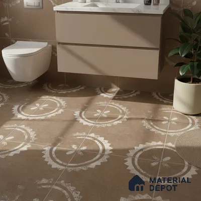 Modern bathroom with taupe matte vanity, white marble countertop, and brown patterned floor tiles