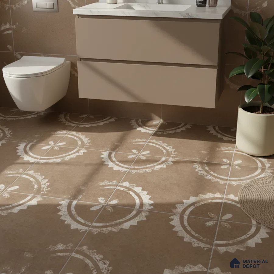 Modern bathroom with taupe matte vanity, white marble countertop, and brown patterned floor tiles