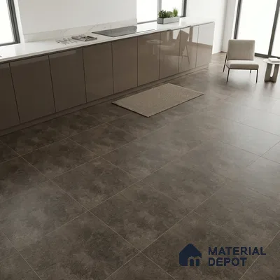 Modern kitchen with taupe high gloss laminate cabinets and matte charcoal stone-look floor tiles