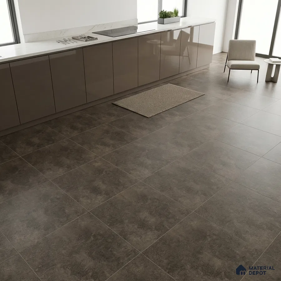 Modern kitchen with taupe high gloss laminate cabinets and matte charcoal stone-look floor tiles