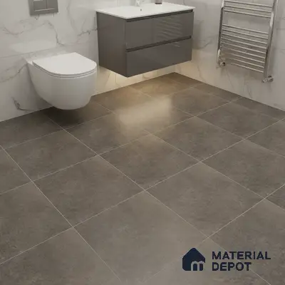 Modern bathroom with grey stone floor tiles and white marble wall tiles