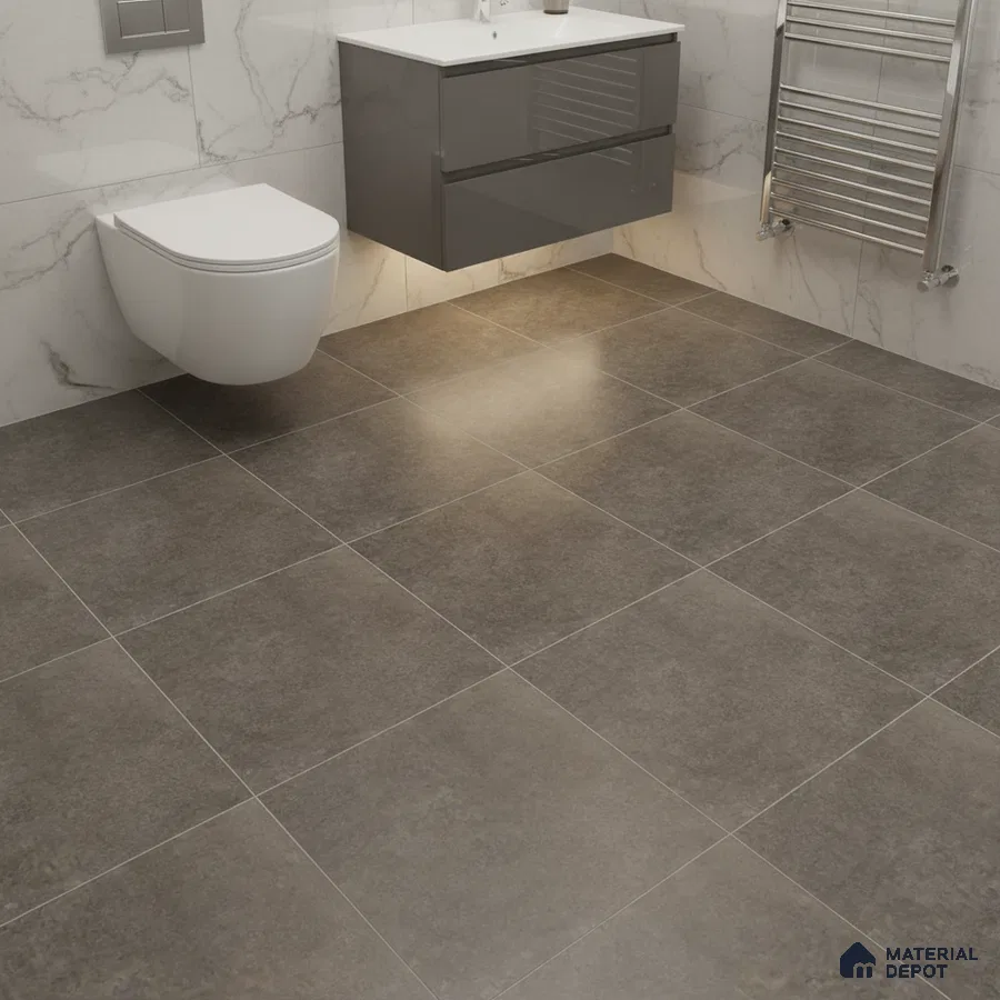 Modern bathroom with grey stone floor tiles and white marble wall tiles