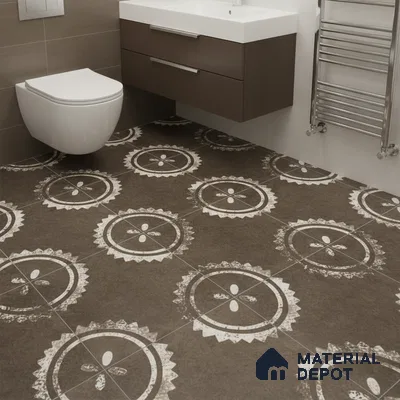 Modern bathroom with brown and white patterned floor tiles and walnut laminate vanity