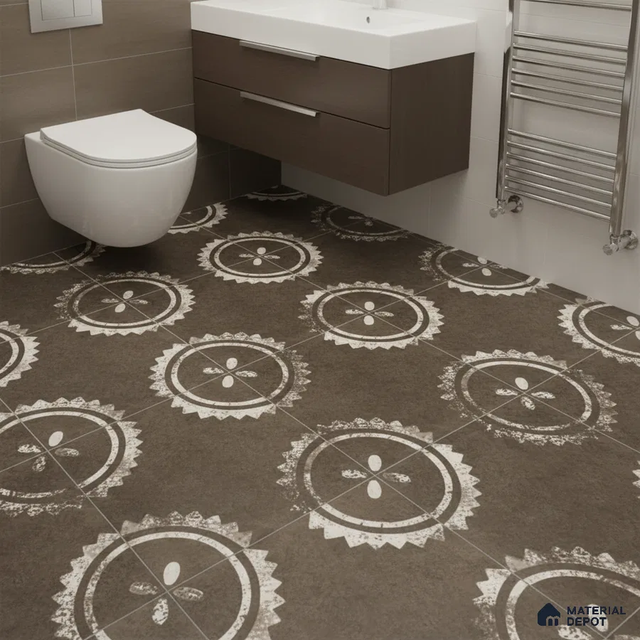 Modern bathroom with brown and white patterned floor tiles and walnut laminate vanity