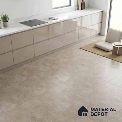 Minimalist kitchen with glossy beige laminate cabinets, white marble countertop, and matte beige stone floor tiles