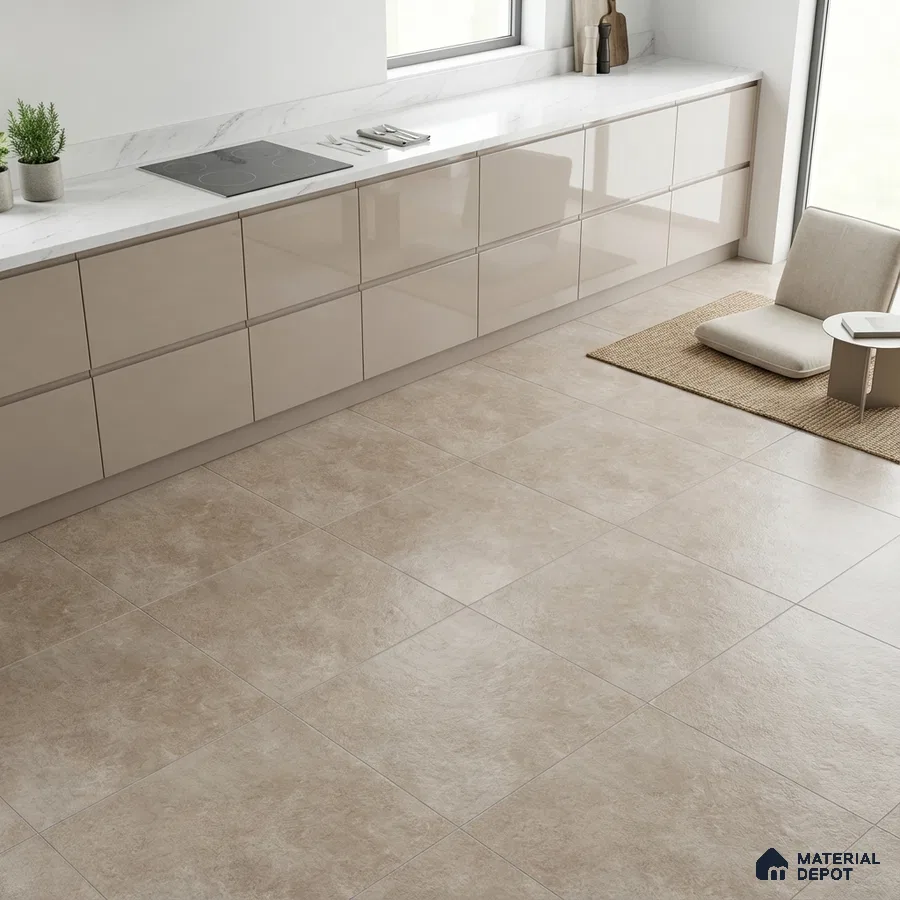 Minimalist kitchen with glossy beige laminate cabinets, white marble countertop, and matte beige stone floor tiles